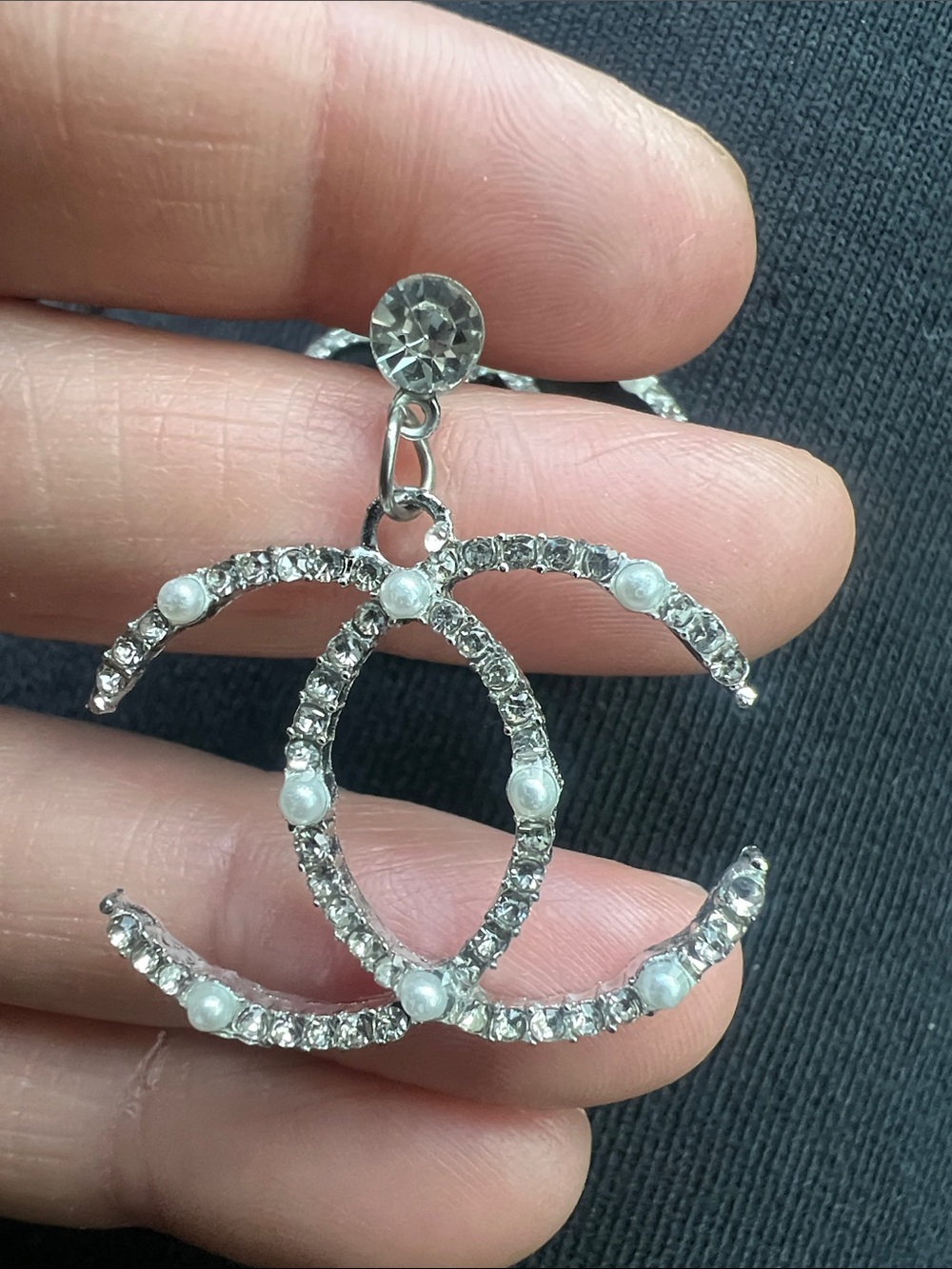 CHANEL Silver-Tone Crystal & Pearl CC Drop Earrings - Picture 3 of 8